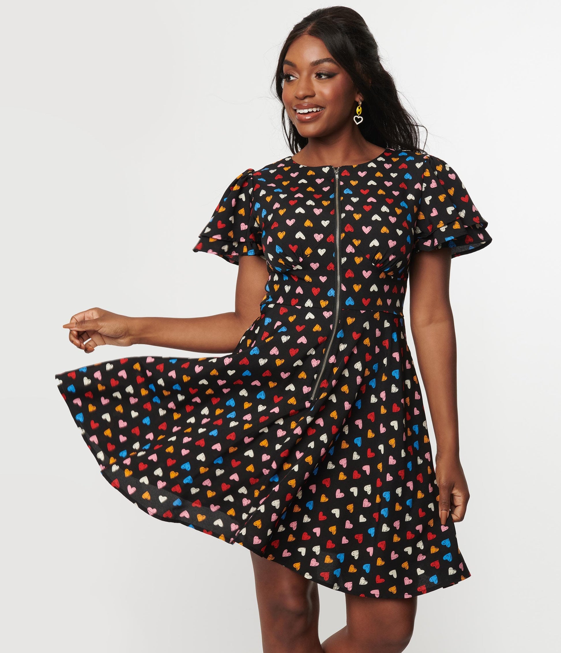 Unique Vintage Black & Multicolor Heart Fit & Flare Dress