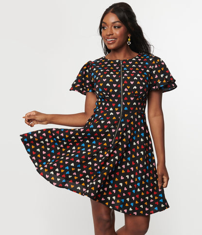 Unique Vintage Black & Multicolor Heart Fit & Flare Dress