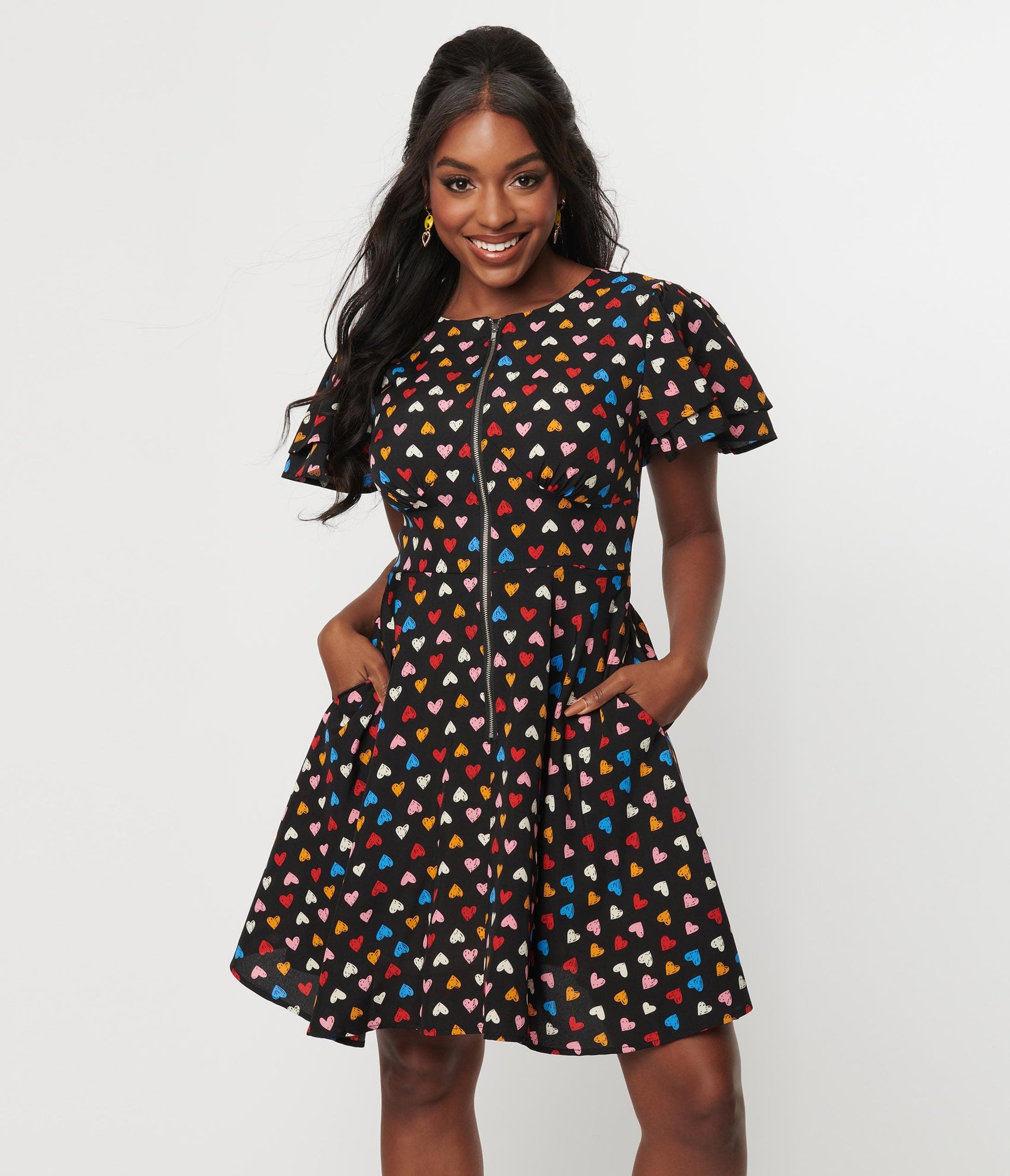 Unique Vintage Black & Multicolor Heart Fit & Flare Dress