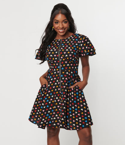 Unique Vintage Black & Multicolor Heart Fit & Flare Dress