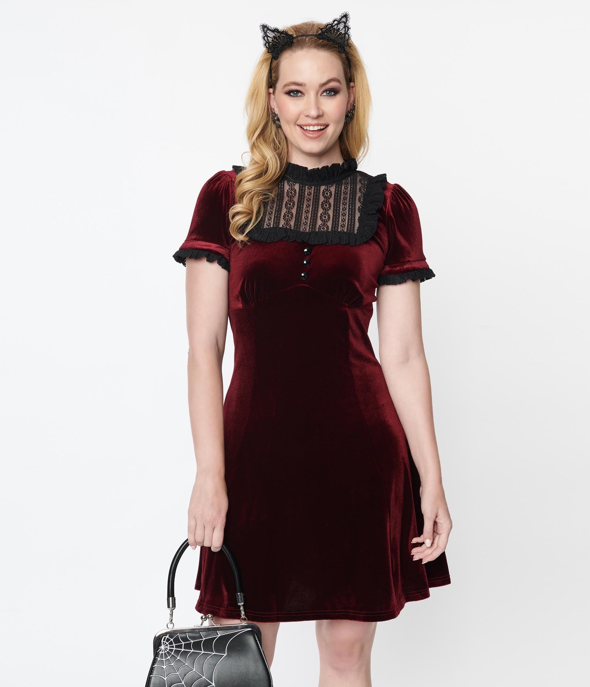 Hell Bunny 1950s Burgundy Velvet Caroline Mini Dress