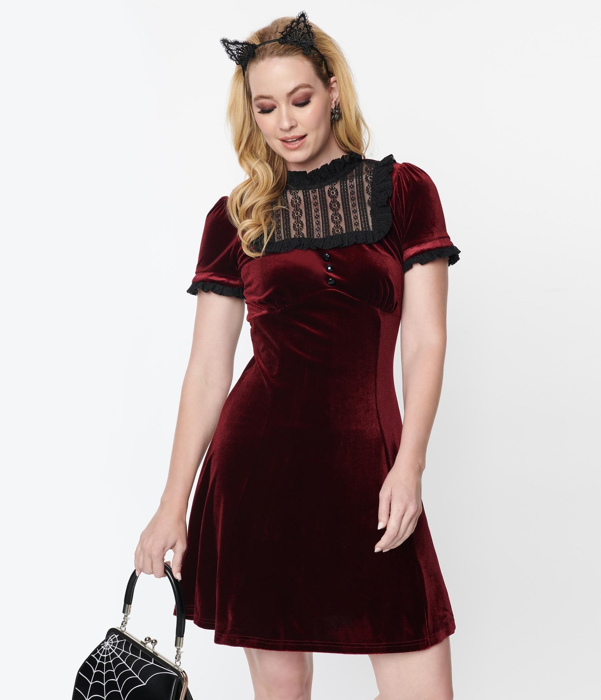 Hell Bunny 1950s Burgundy Velvet Caroline Mini Dress