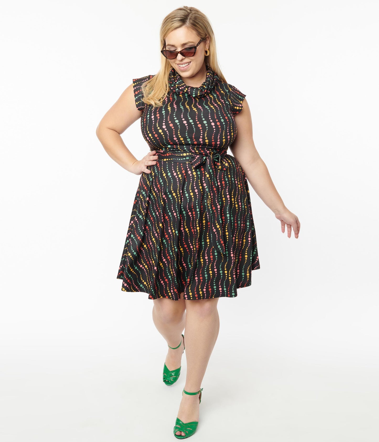 Unique Vintage Plus Size Black & Rainbow Dots Fit & Flare Dress