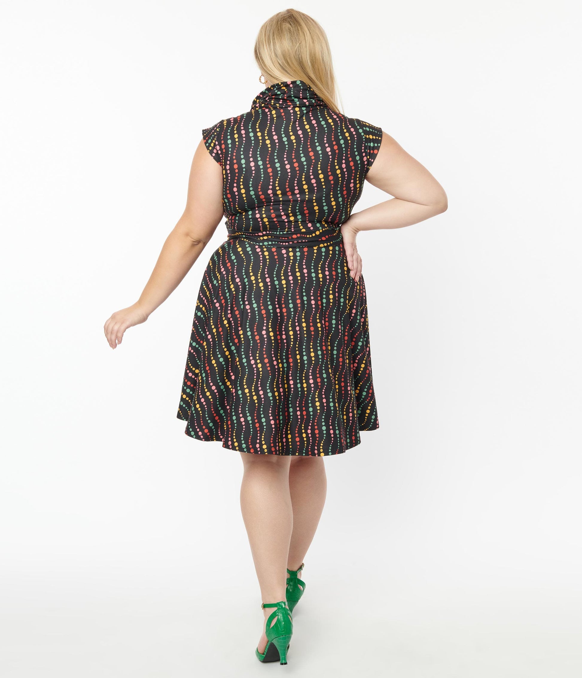 Unique Vintage Plus Size Black & Rainbow Dots Fit & Flare Dress