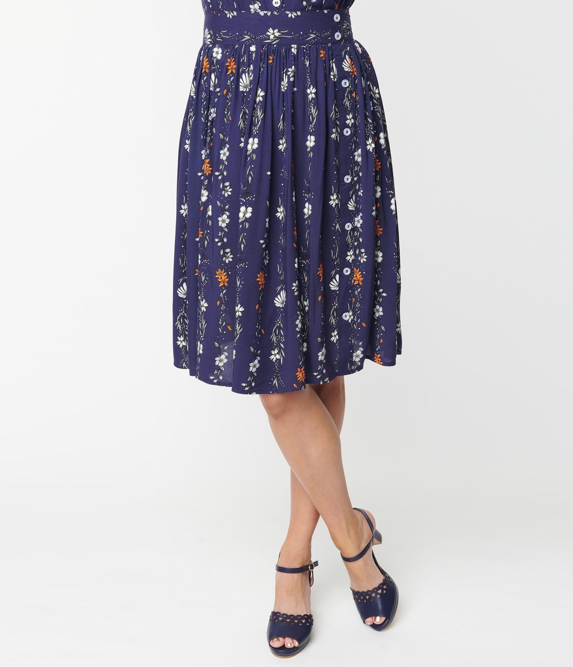 Hell Bunny Navy Floral Print Asta Midi Skirt