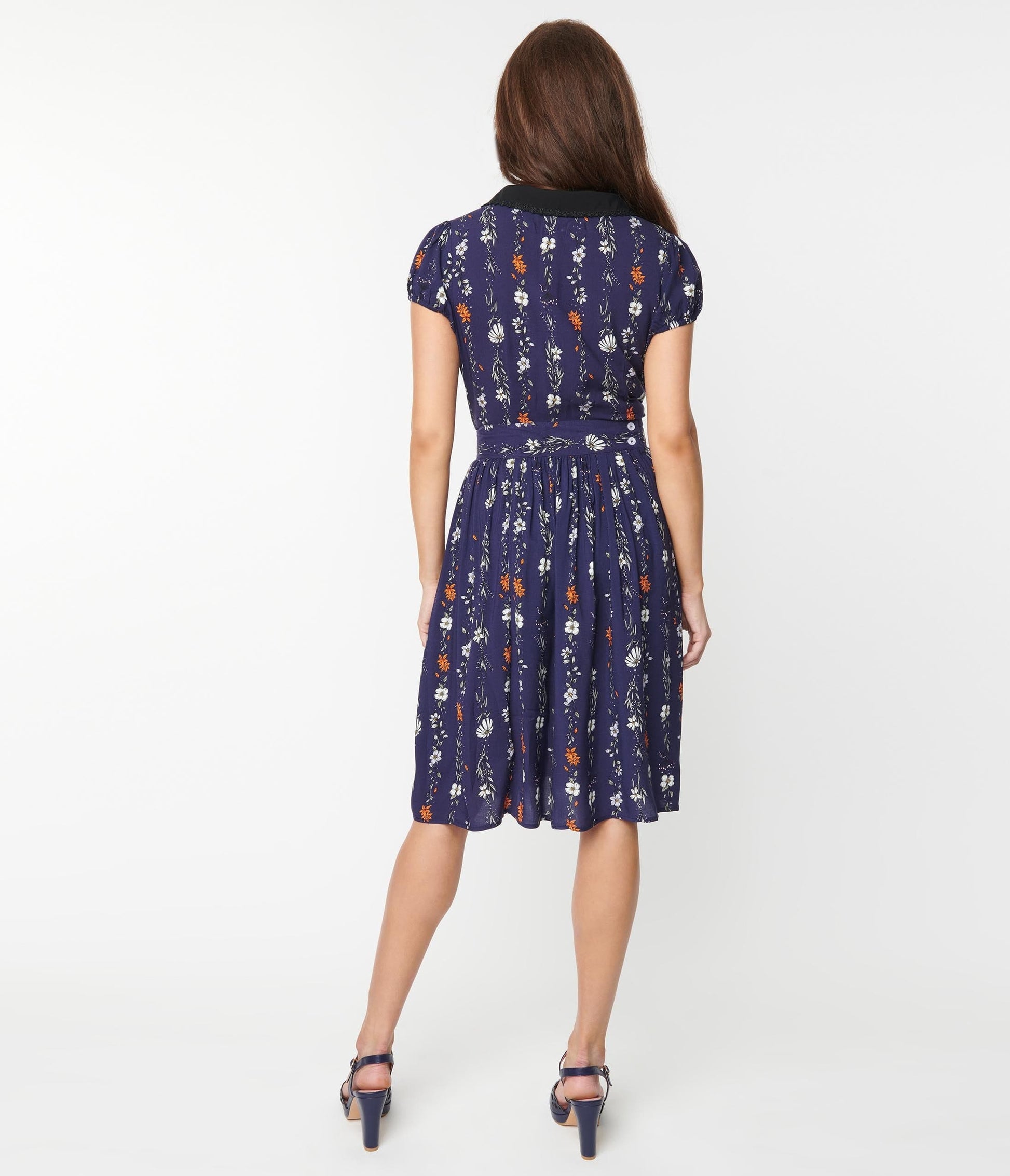 Hell Bunny Navy Floral Print Asta Midi Skirt