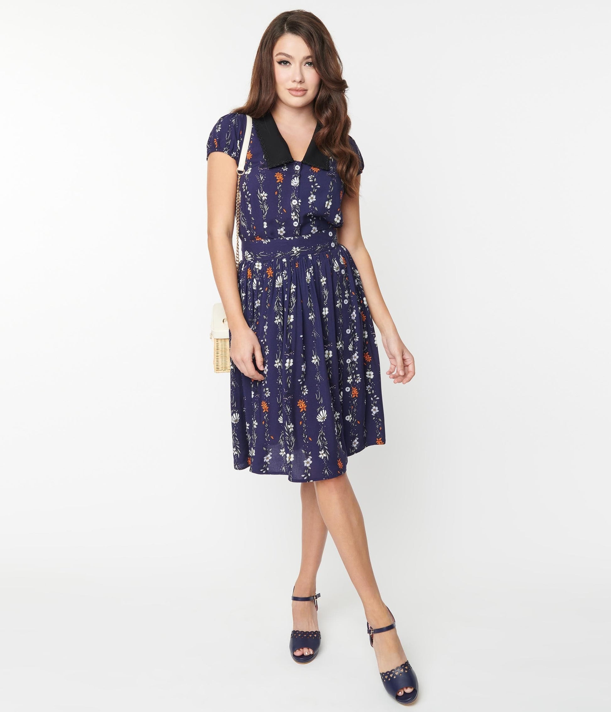 Hell Bunny Navy Floral Print Asta Midi Skirt