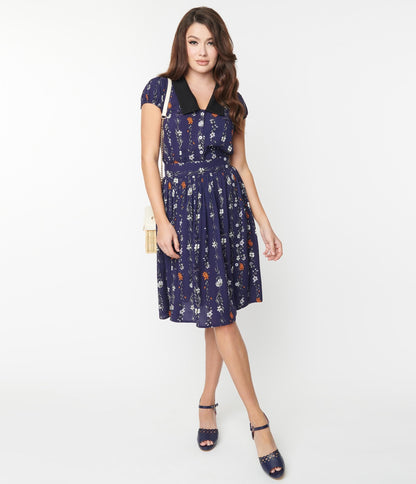 Hell Bunny Navy Floral Print Asta Midi Skirt