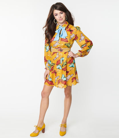 Unique Vintage Mustard & Multi Butterfly Neck Tie Flare Dress