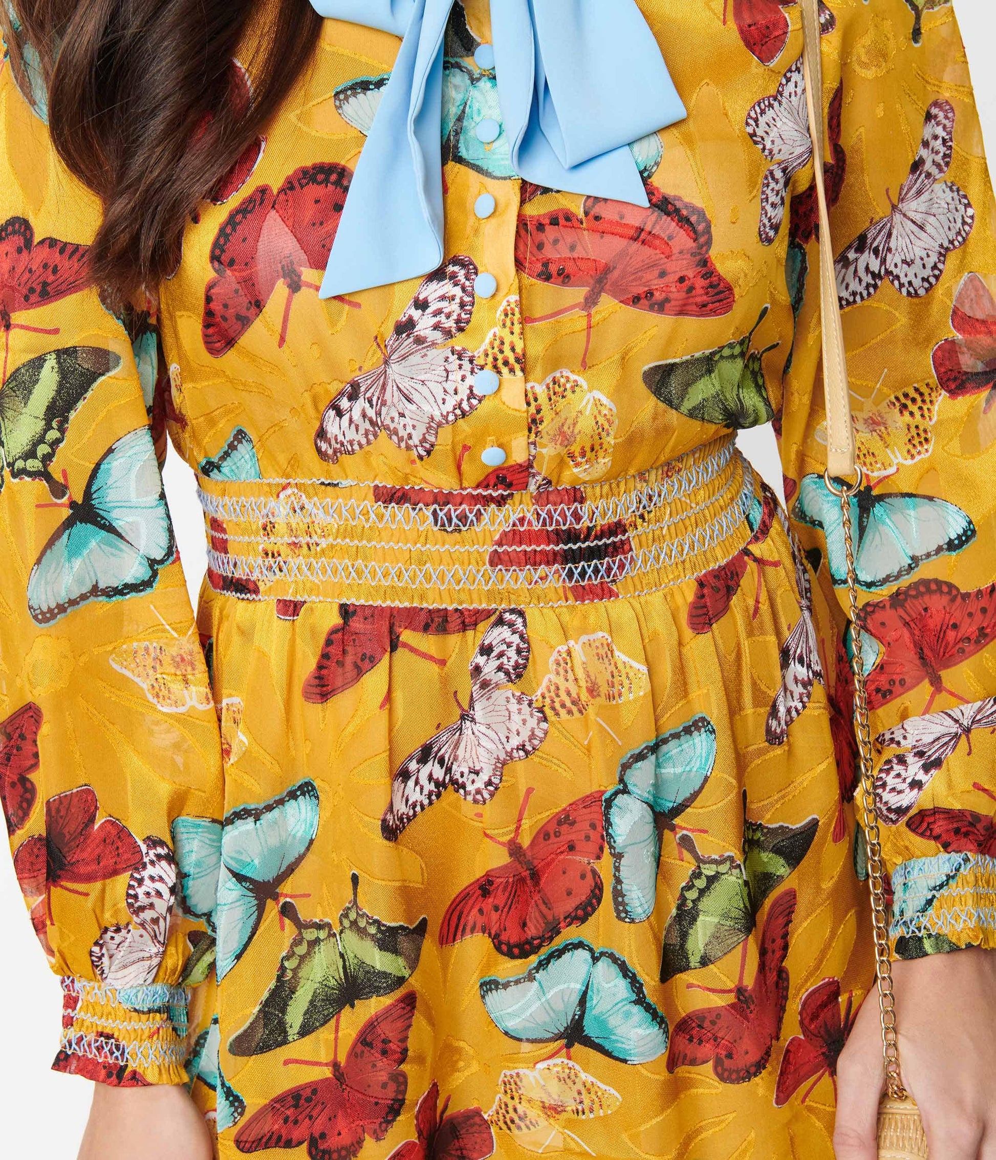 Unique Vintage Mustard & Multi Butterfly Neck Tie Flare Dress