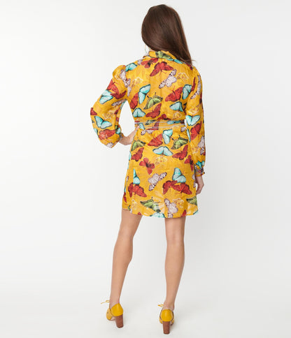 Unique Vintage Mustard & Multi Butterfly Neck Tie Flare Dress