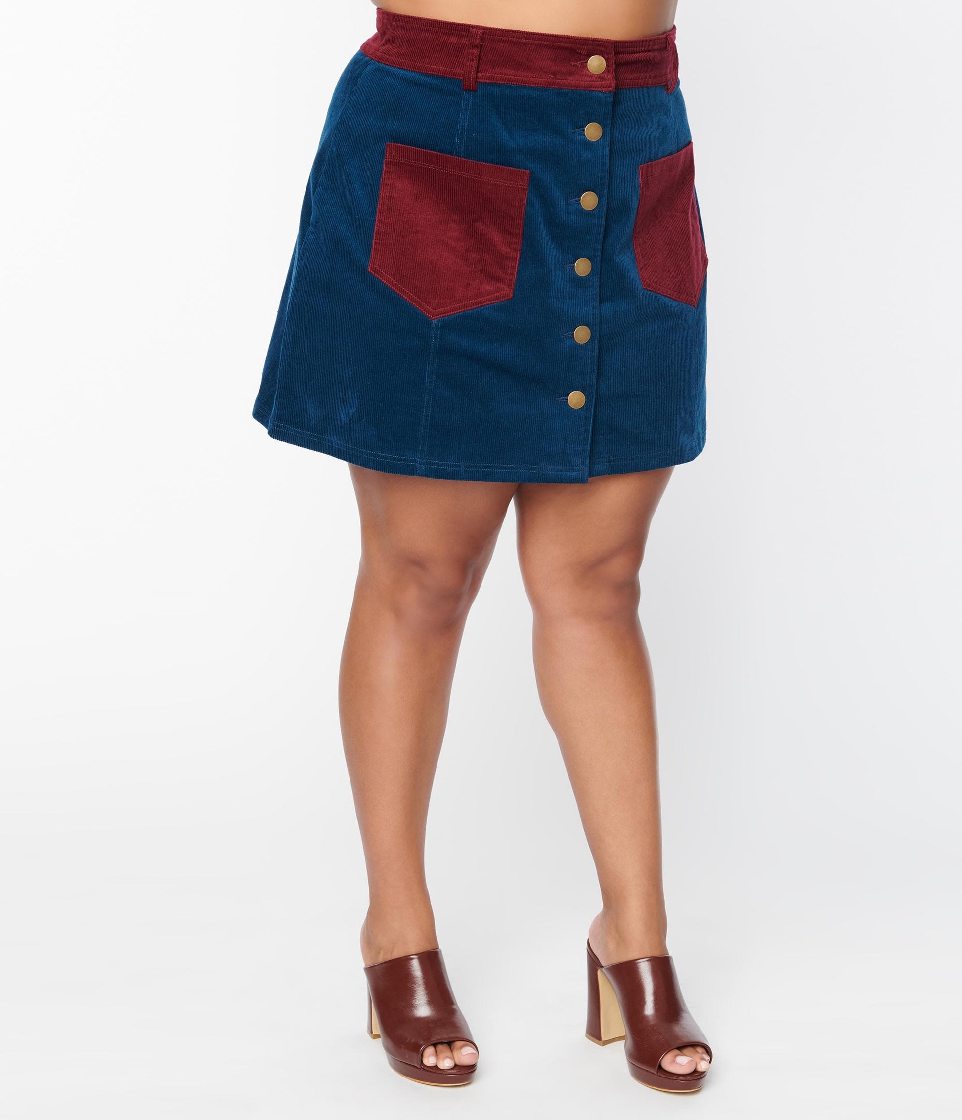 Smak Parlour Plus Size Navy & Burgundy Corduroy Button Mini Skirt