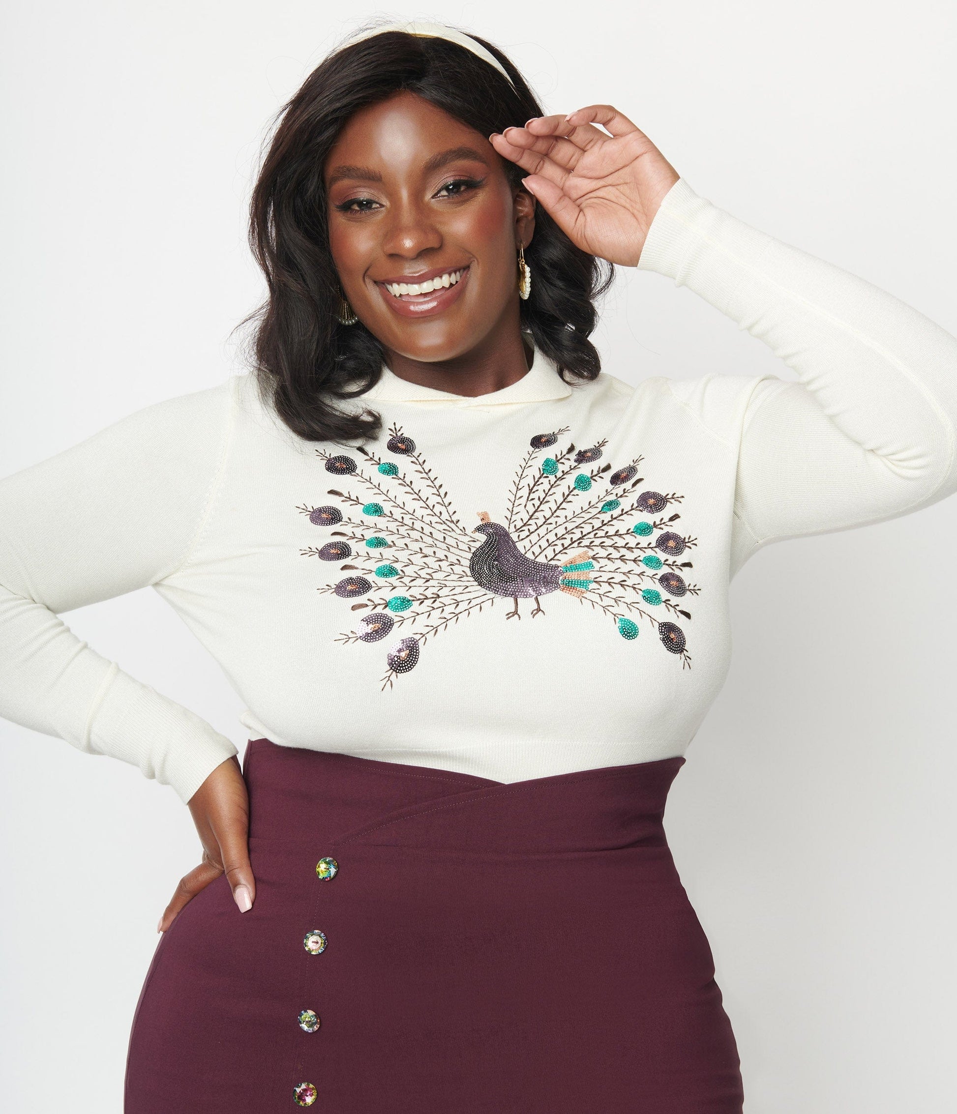 Unique Vintage Plus Size Cream & Peacock Sweater
