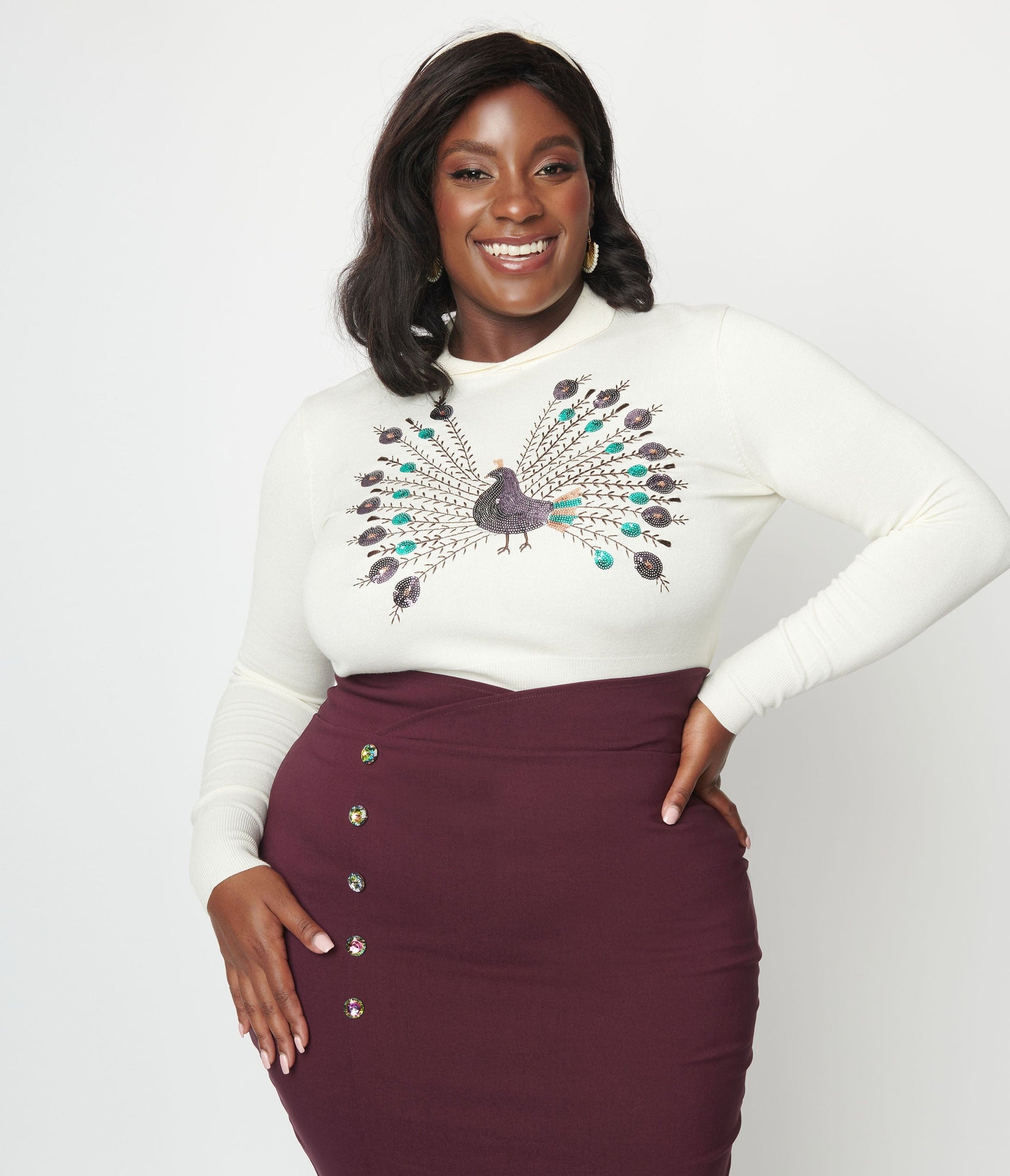 Unique Vintage Plus Size Cream & Peacock Sweater