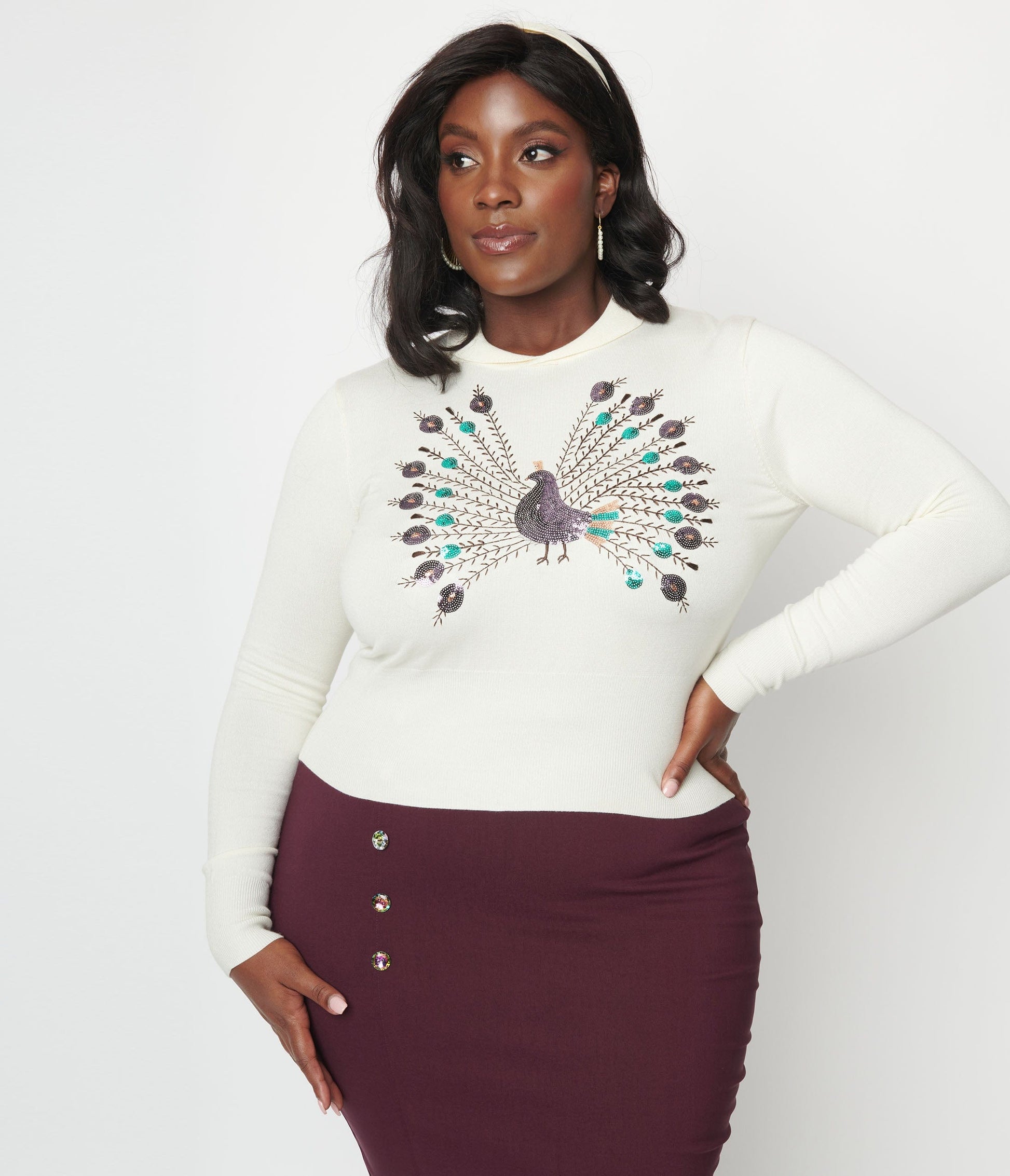 Unique Vintage Plus Size Cream & Peacock Sweater