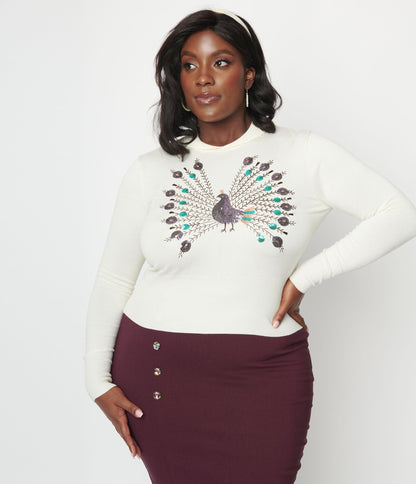 Unique Vintage Plus Size Cream & Peacock Sweater