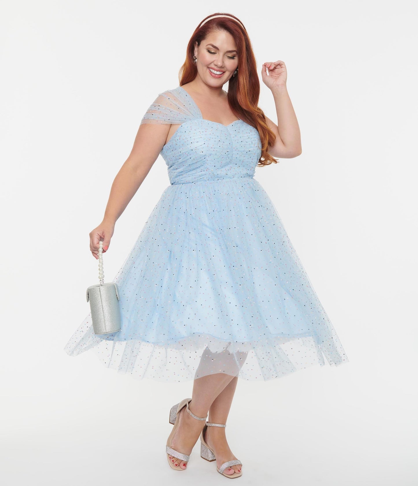Unique Vintage Plus Size Light Blue & Confetti Dots Garden State Swing Dress