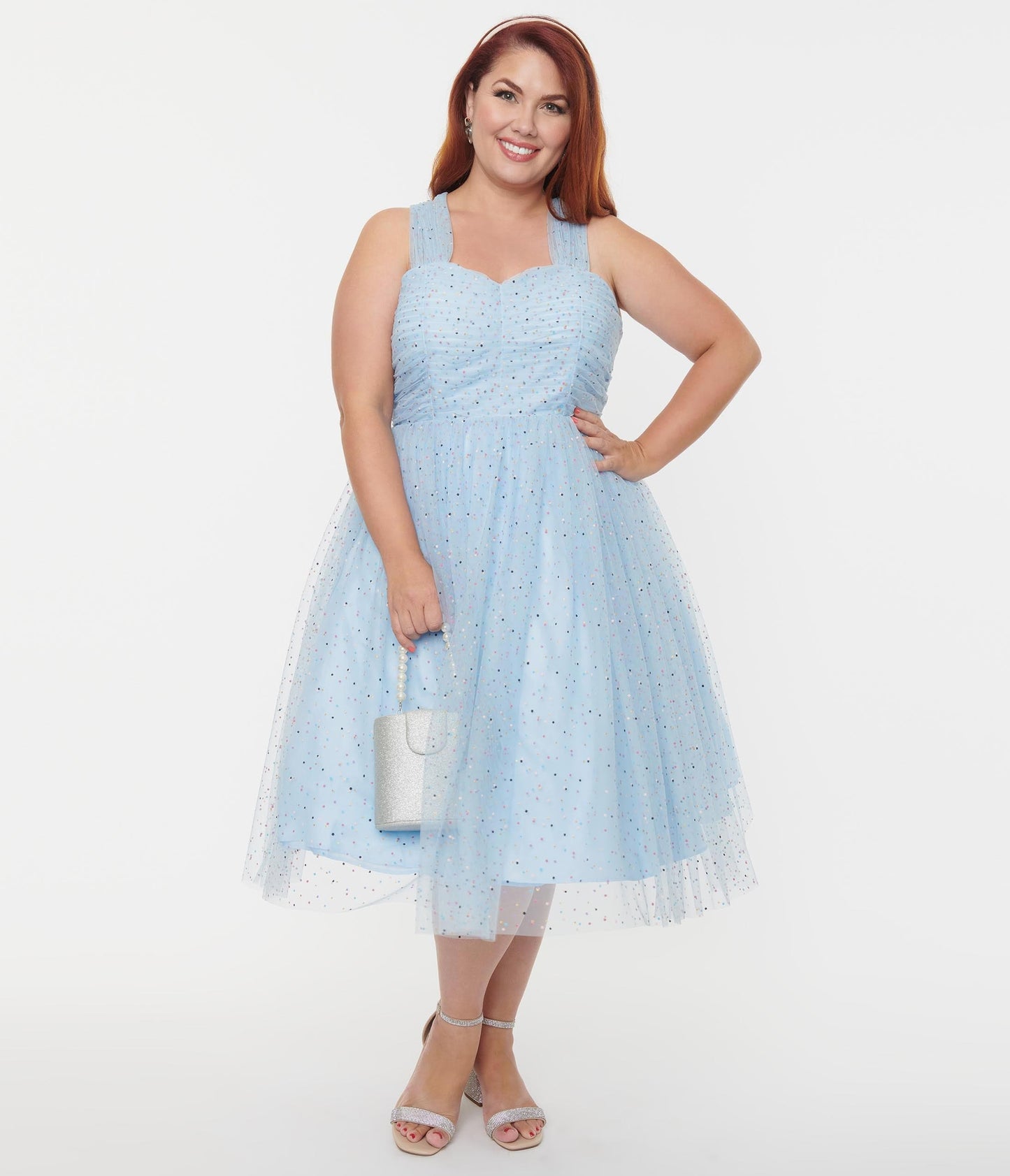 Unique Vintage Plus Size Light Blue & Confetti Dots Garden State Swing Dress