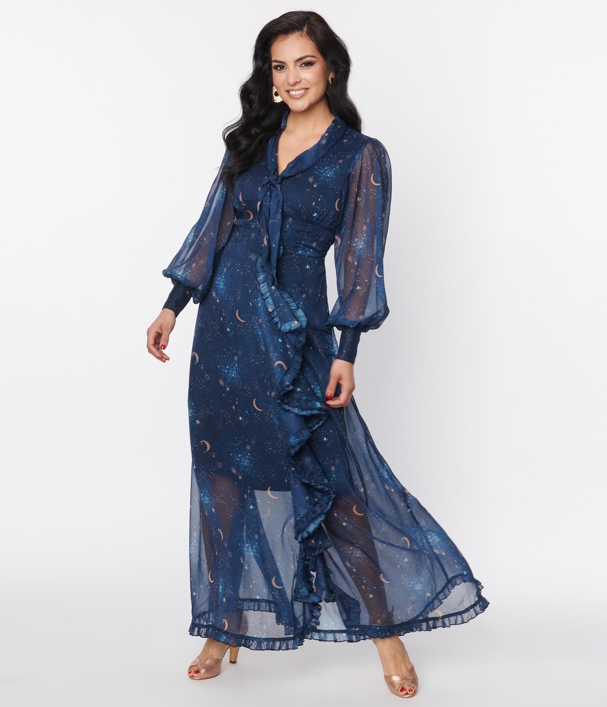 Unique Vintage Navy & Golden Galaxy Neck Tie Maxi Dress
