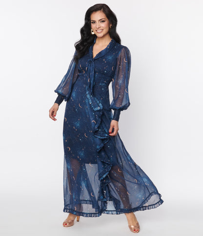 Unique Vintage Navy & Golden Galaxy Neck Tie Maxi Dress