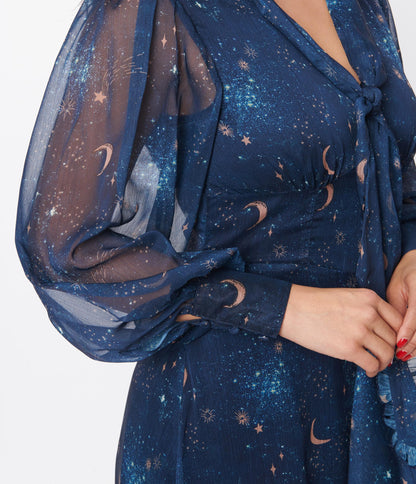 Unique Vintage Navy & Golden Galaxy Neck Tie Maxi Dress