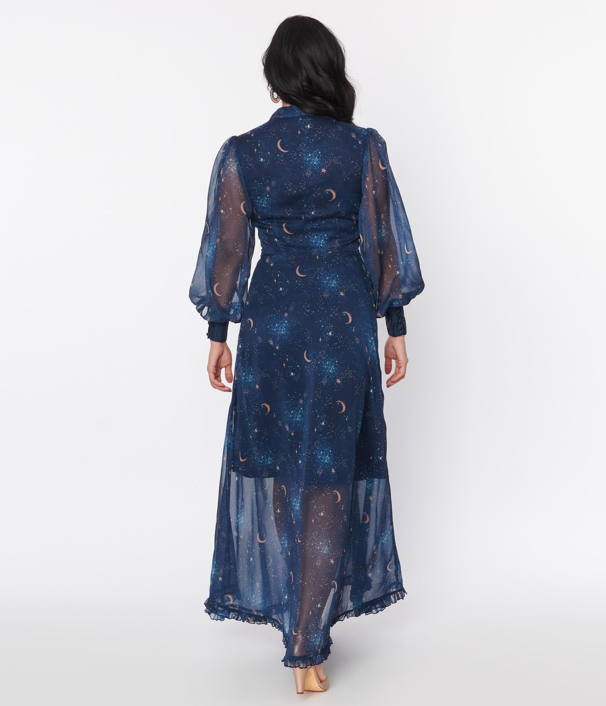 Unique Vintage Navy & Golden Galaxy Neck Tie Maxi Dress