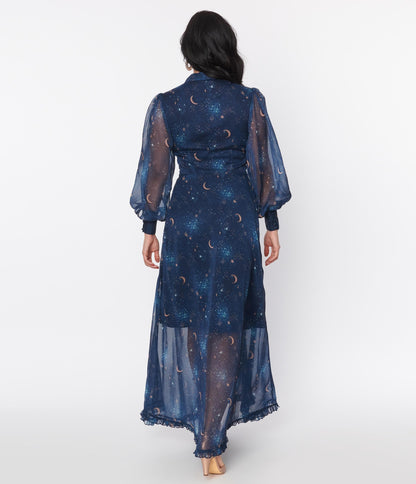 Unique Vintage Navy & Golden Galaxy Neck Tie Maxi Dress