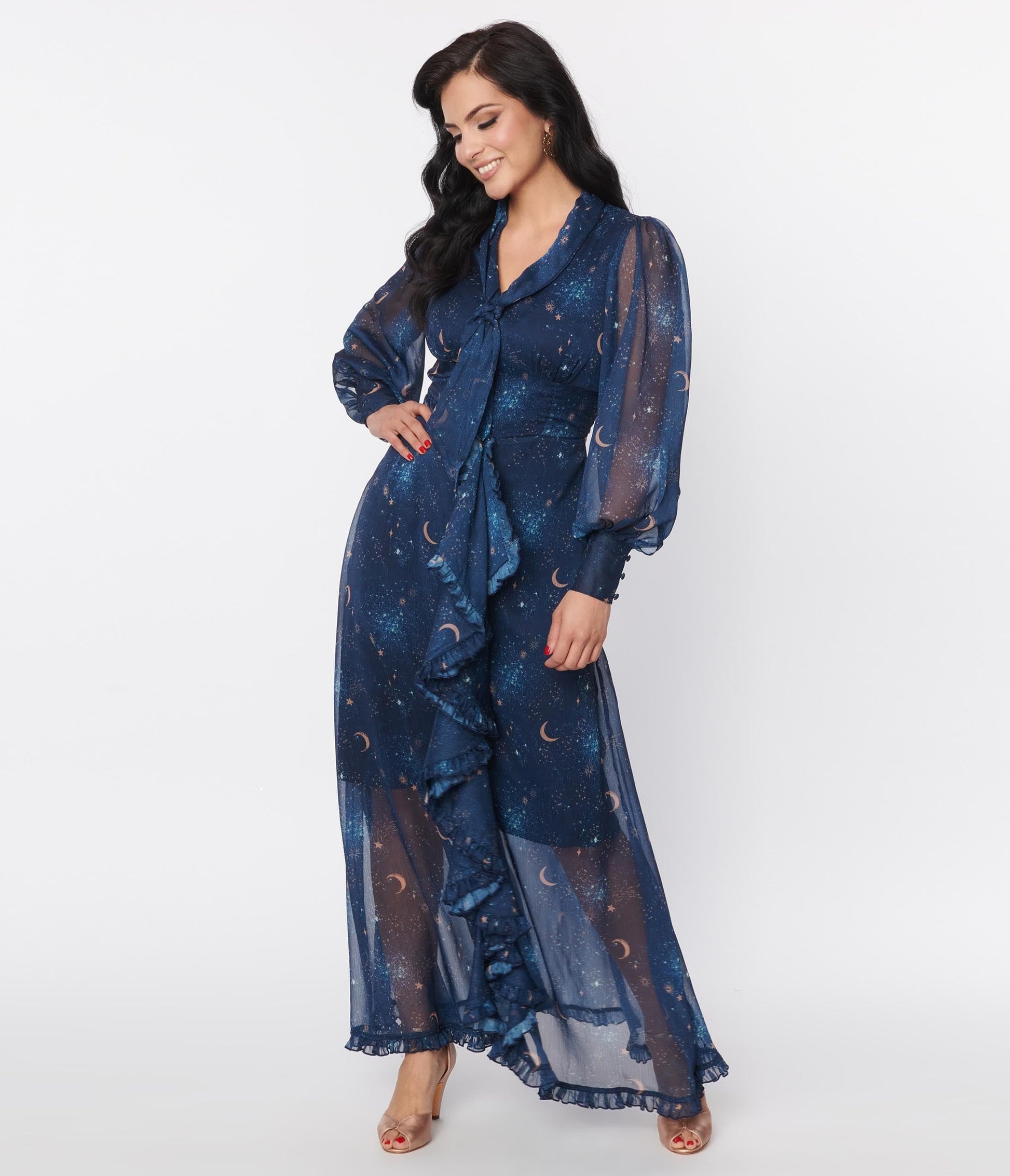 Unique Vintage Navy & Golden Galaxy Neck Tie Maxi Dress