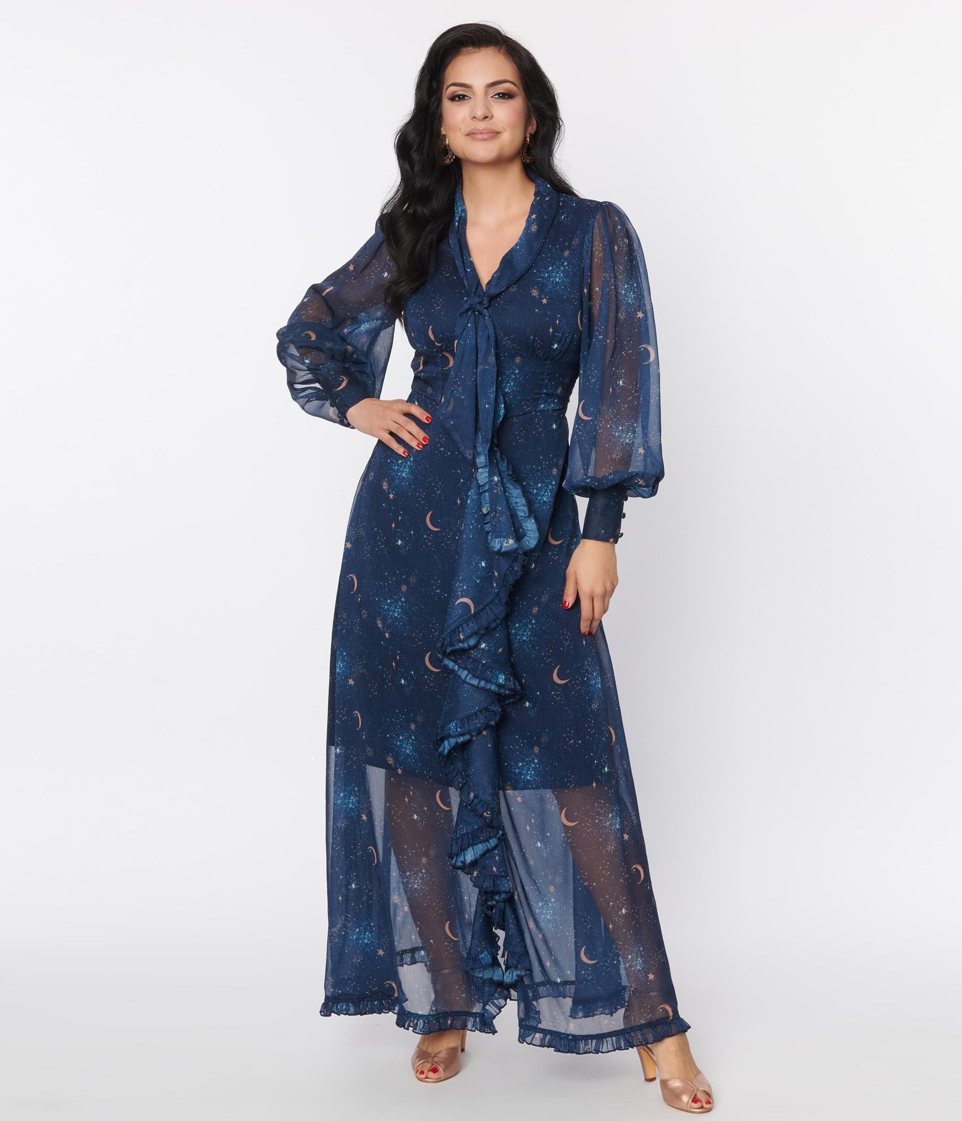 Unique Vintage Navy & Golden Galaxy Neck Tie Maxi Dress