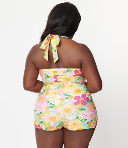Unique Vintage Plus Size Multicolor 1970s Floral Pismo Romper Swimsuit