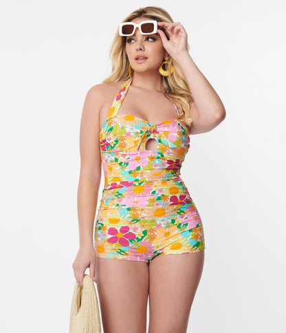 Unique Vintage Multicolor 1970s Floral Pismo Romper Swimsuit