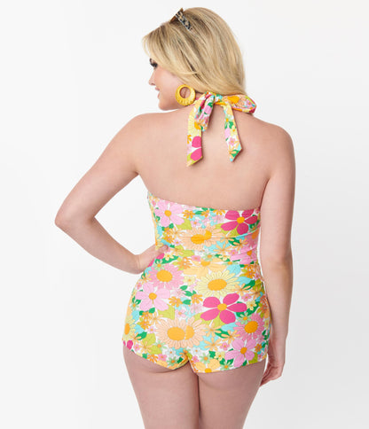 Unique Vintage Multicolor 1970s Floral Pismo Romper Swimsuit