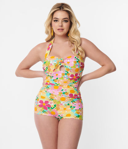 Unique Vintage Multicolor 1970s Floral Pismo Romper Swimsuit