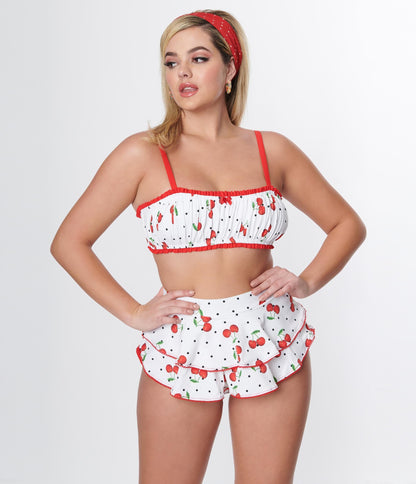 Unique Vintage White & Cherry Pin Dot Ruffle Swim Bottom