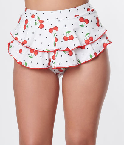 Unique Vintage White & Cherry Pin Dot Ruffle Swim Bottom