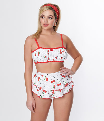 Unique Vintage White & Cherry Pin Dot Ruffle Swim Bottom