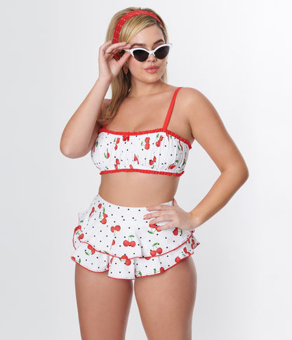 Unique Vintage White & Cherry Pin Dot Ruffle Swim Bottom