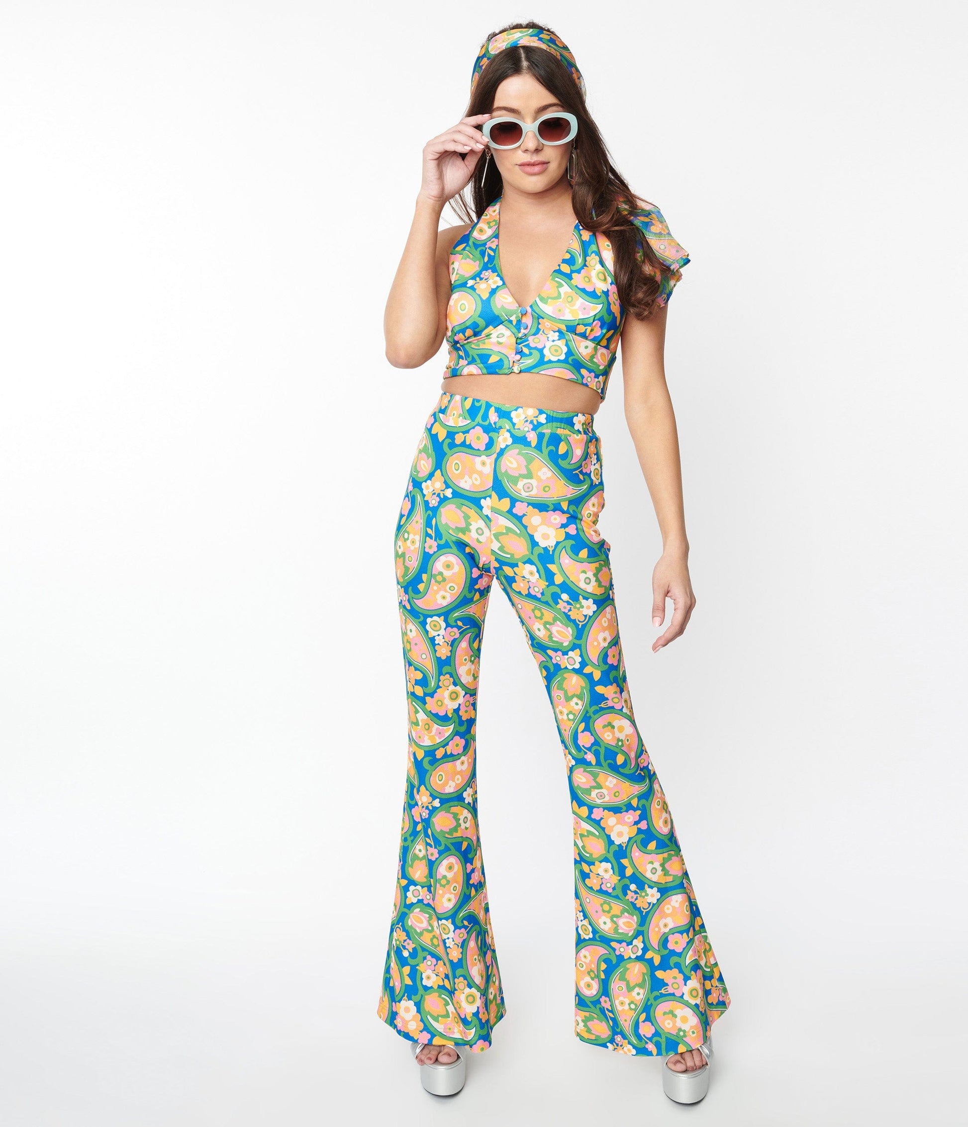 Smak Parlour Blue Paisley Floral Mod Print Flare Pants