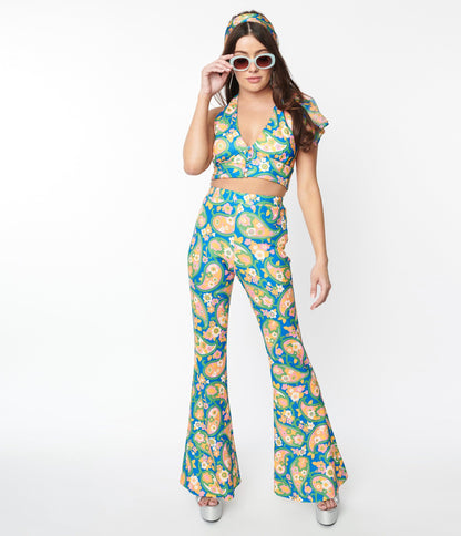 Smak Parlour Blue Paisley Floral Mod Print Flare Pants