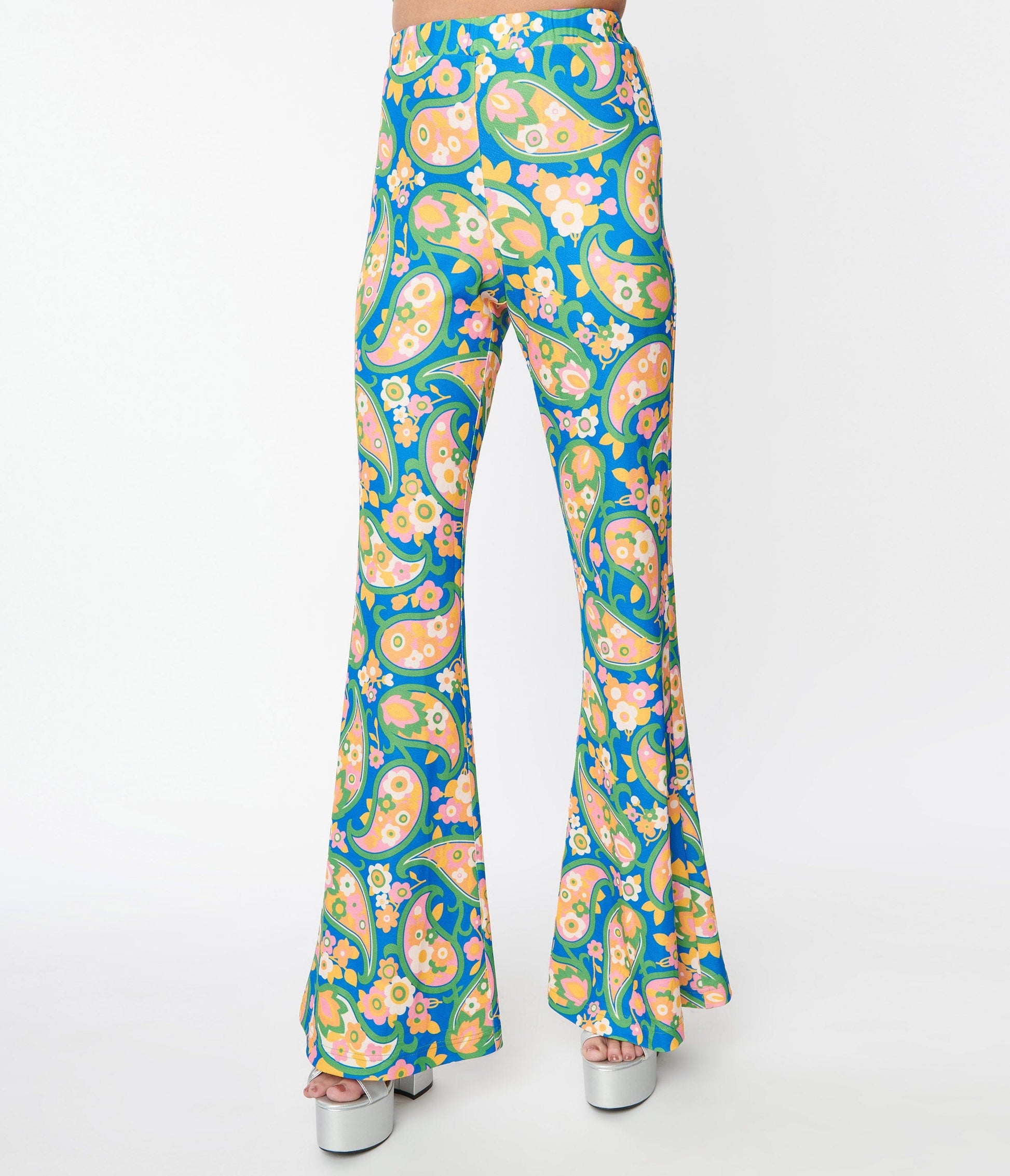 Smak Parlour Blue Paisley Floral Mod Print Flare Pants