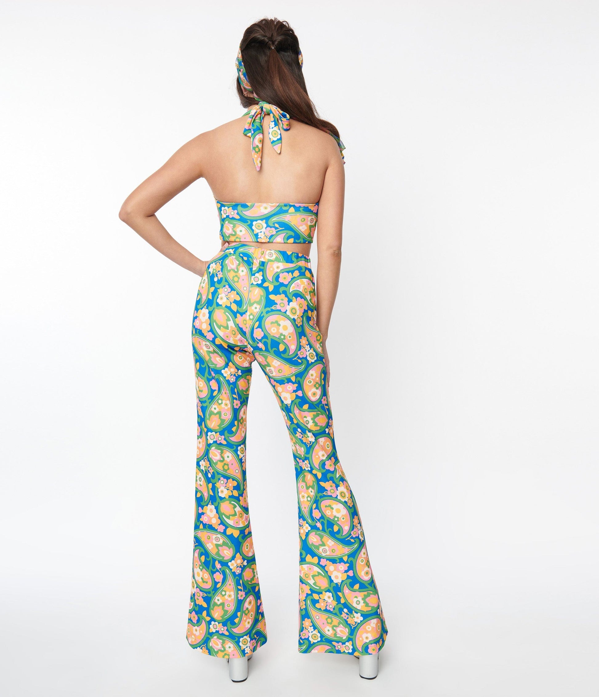 Smak Parlour Blue Paisley Floral Mod Print Flare Pants