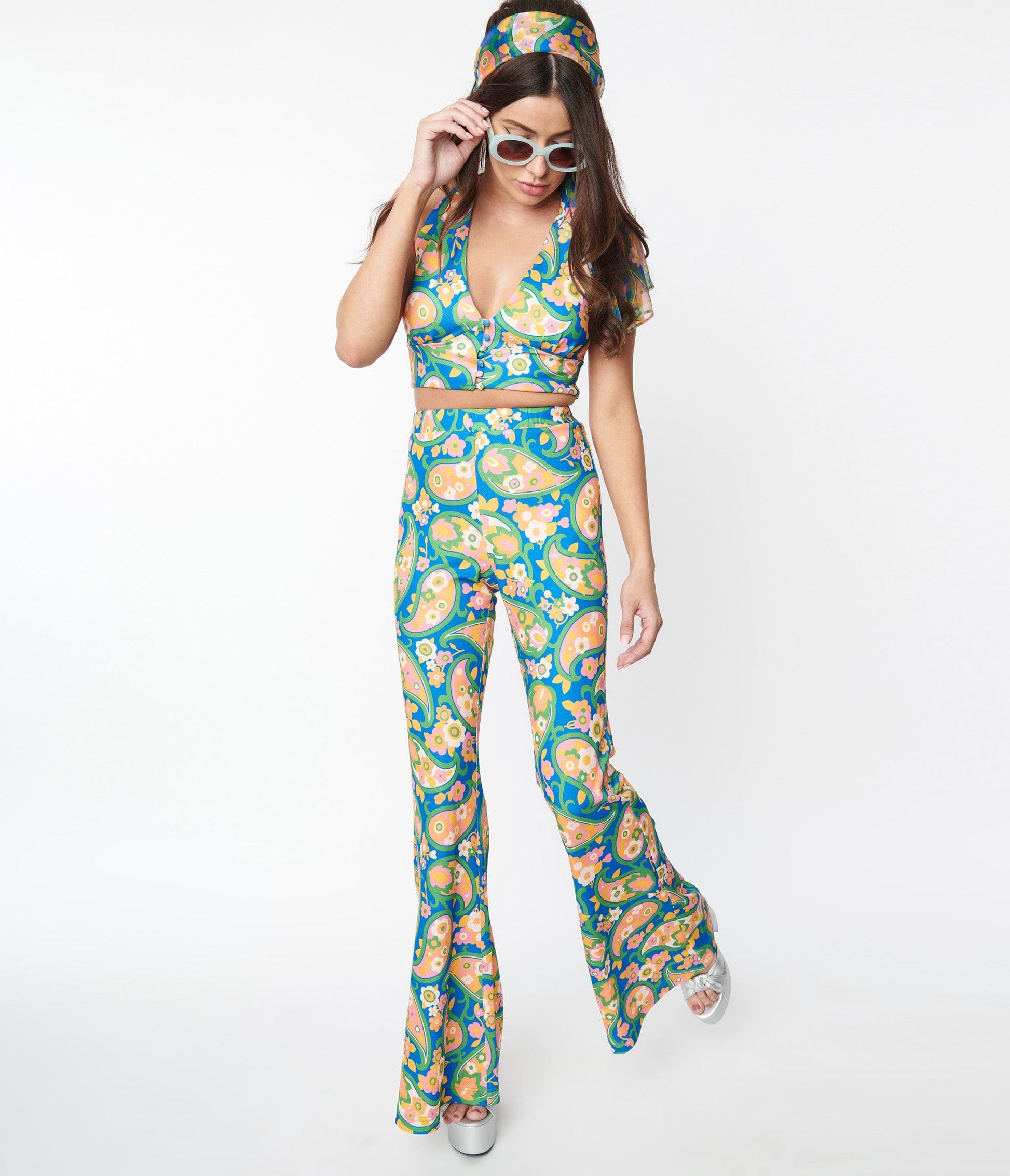Smak Parlour Blue Paisley Floral Mod Print Flare Pants