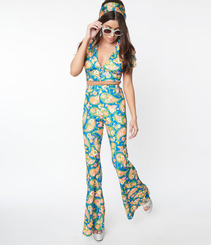 Smak Parlour Blue Paisley Floral Mod Print Flare Pants