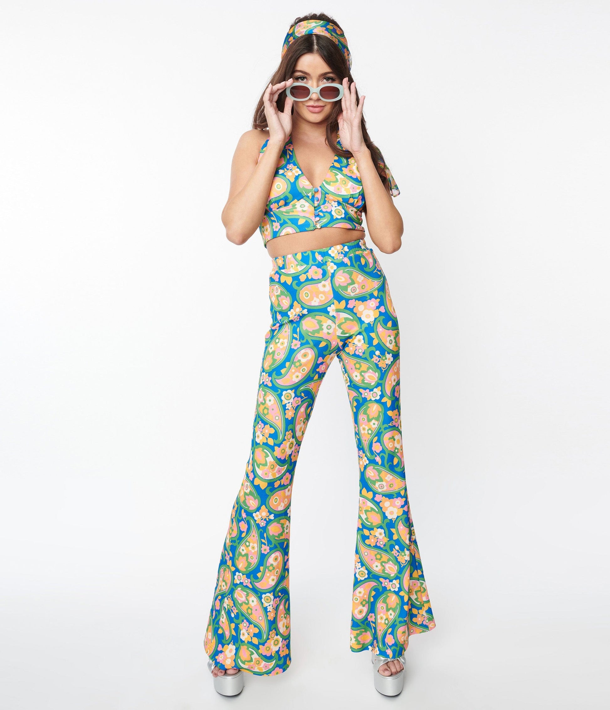 Smak Parlour Blue Paisley Floral Mod Print Flare Pants
