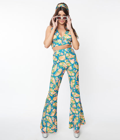 Smak Parlour Blue Paisley Floral Mod Print Flare Pants