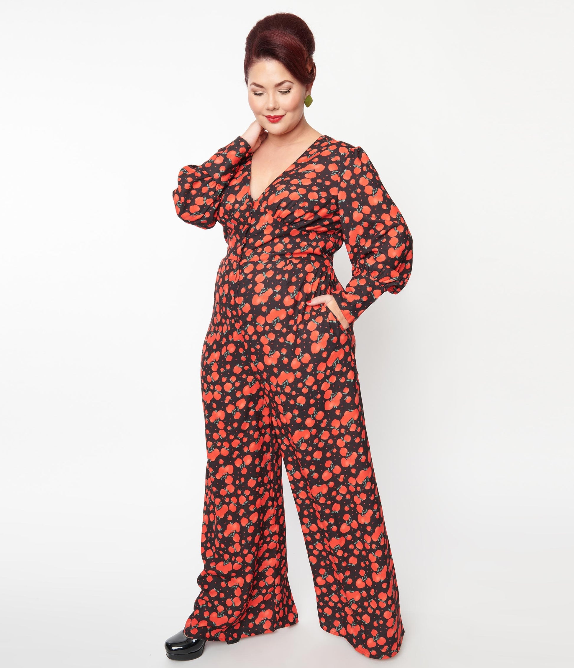 Plus Size Black & Red Apple Print Marina Jumpsuit