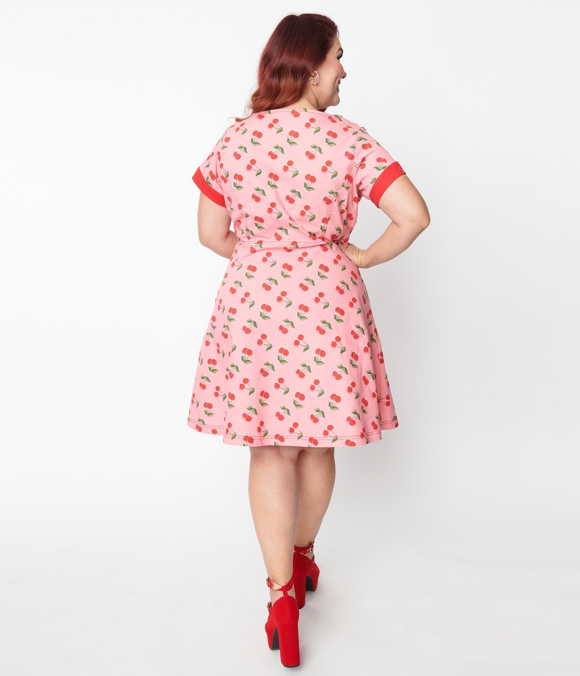 Unique Vintage Plus Size Pink Denim & Cherry Print Fit & Flare Dress