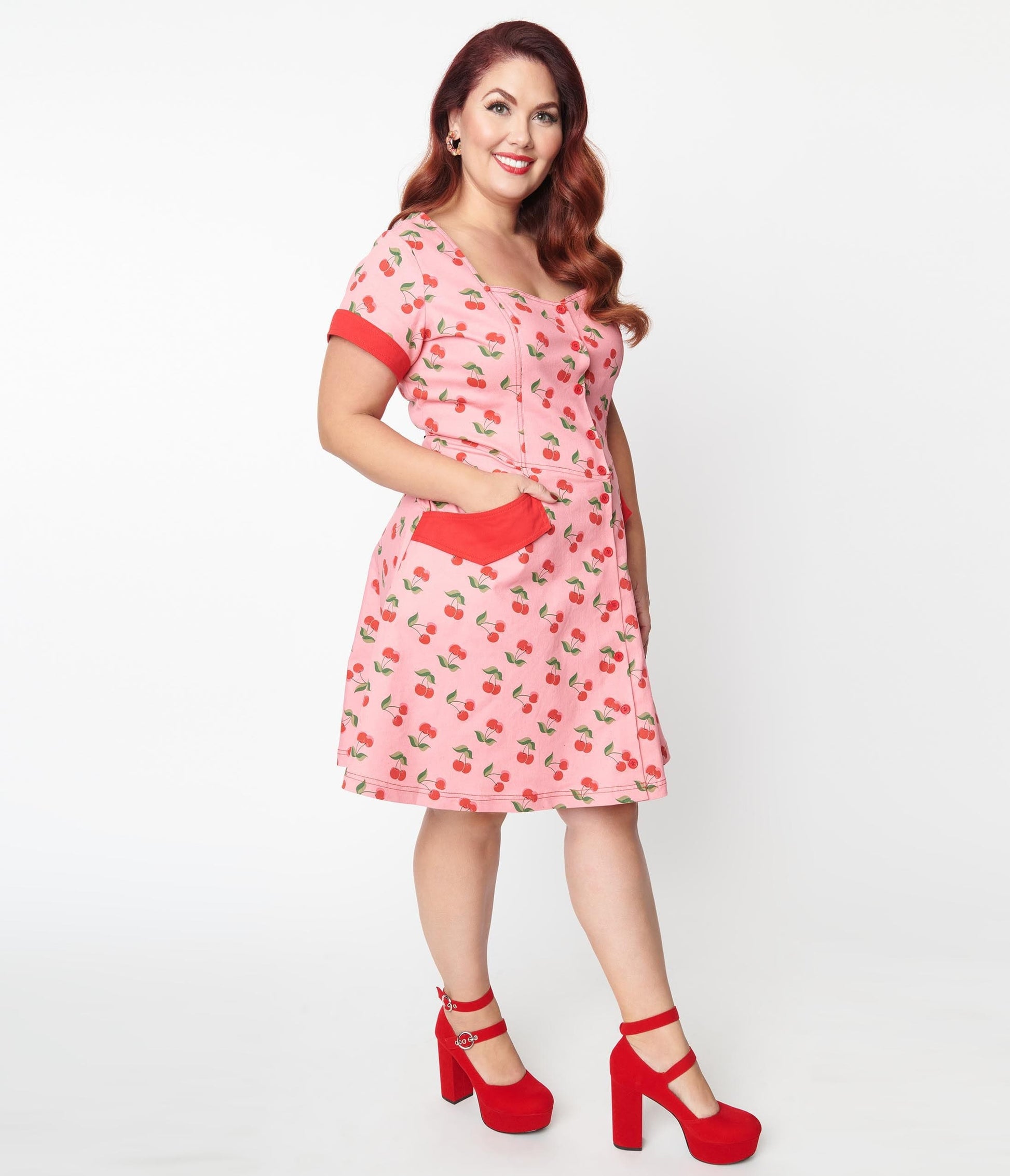 Unique Vintage Plus Size Pink Denim & Cherry Print Fit & Flare Dress