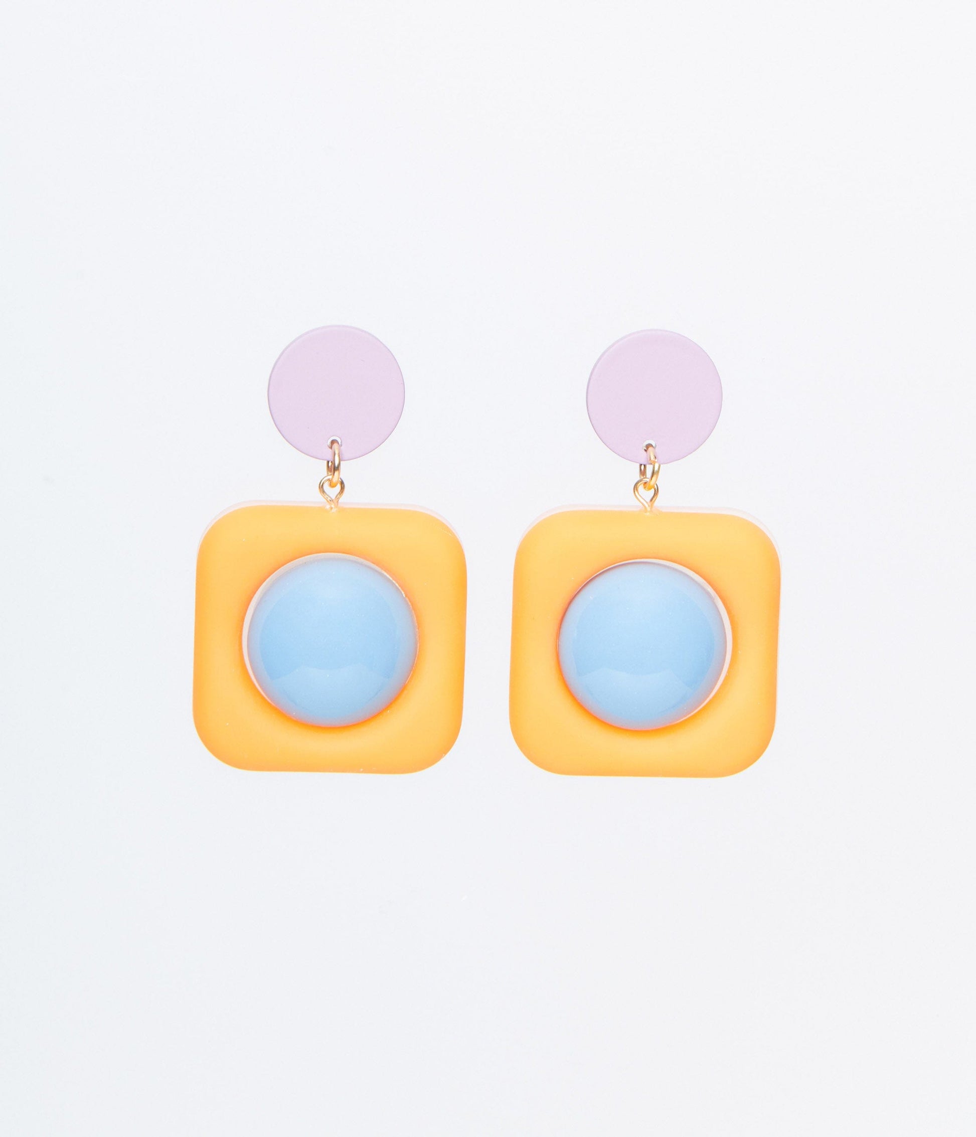 Mustard Square & Blue Dot Drop Earrings