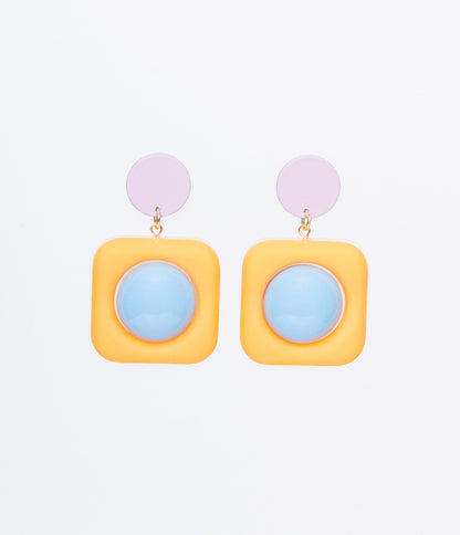 Mustard Square & Blue Dot Drop Earrings